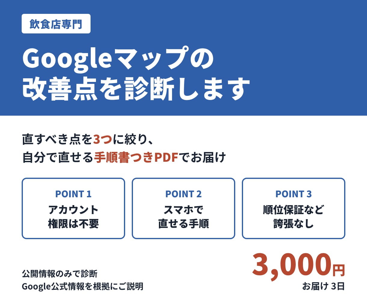 飲食店のGoogleマップの改善点を診断します 権限不要｜改善点3つを自分で直せる手順書つきPDFで納品 イメージ1