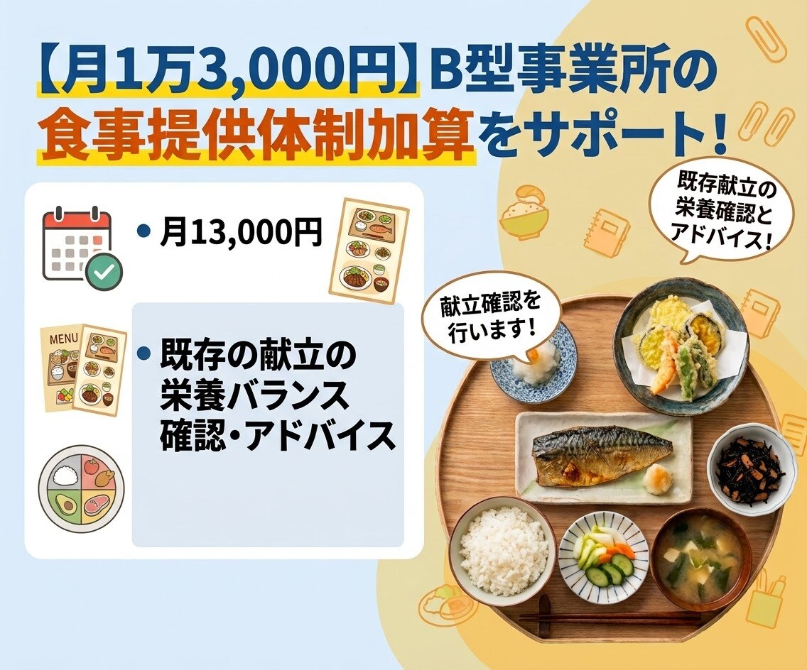 B型事業所の食事提供体制加算/献立確認を行います 既存の献立を活かす！「食事提供体制加算」の要件をクリアします イメージ1