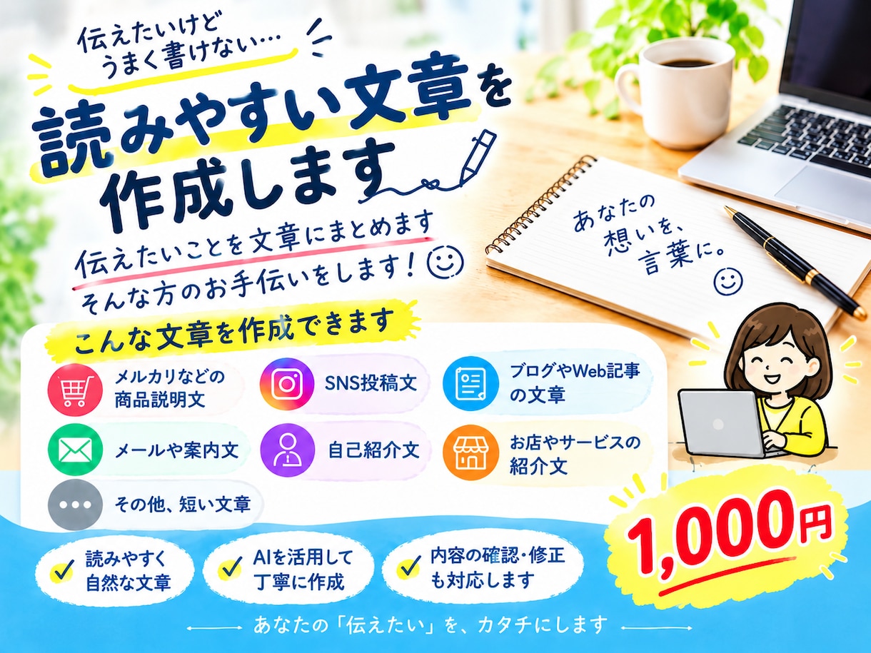 伝えたいことを、読みやすく自然な文章に整えます 商品説明・SNS・メール文など幅広く対応します イメージ1