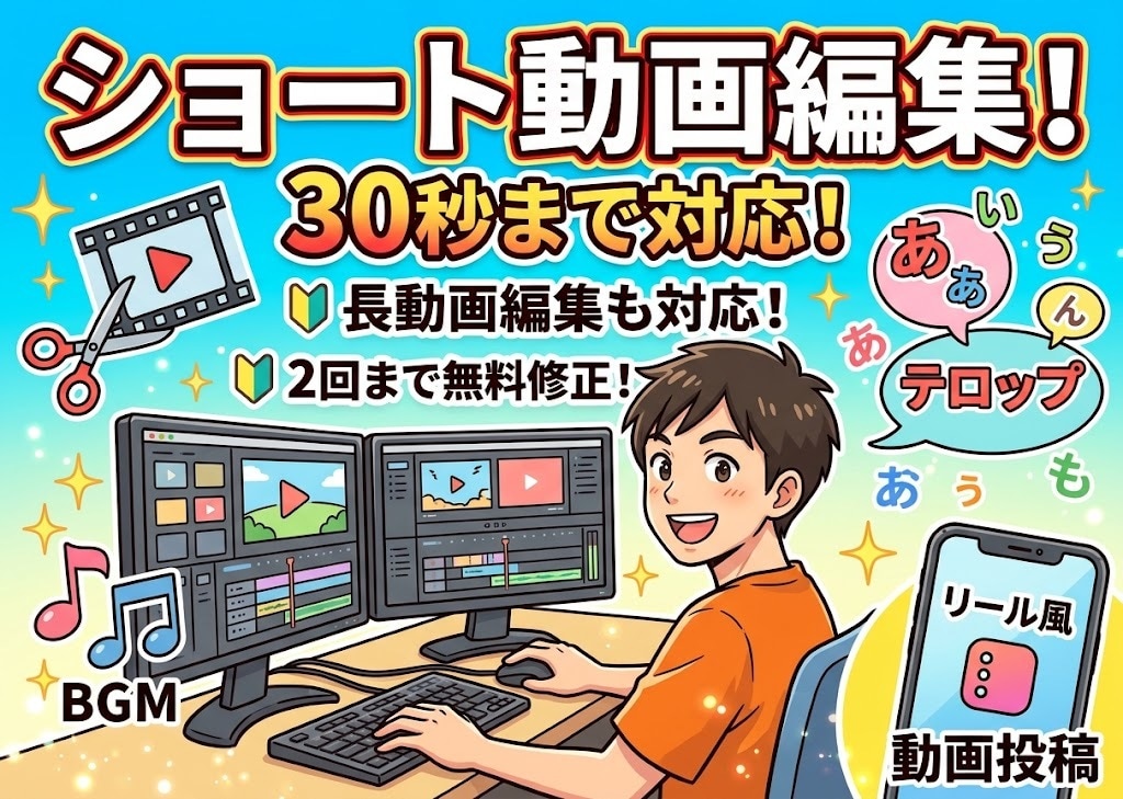 ショートから5分まで！動画編集・カット作成します 縦・横動画どちらも対応！テロップやBGM入りで丁寧に編集 イメージ1