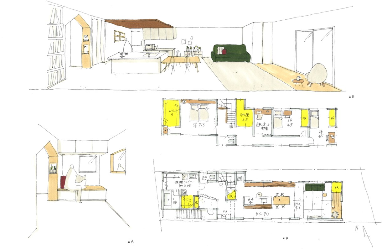 戸建住宅の間取り、内観パース作成します 手書きであたたかみのある作品をつくります。 イメージ4