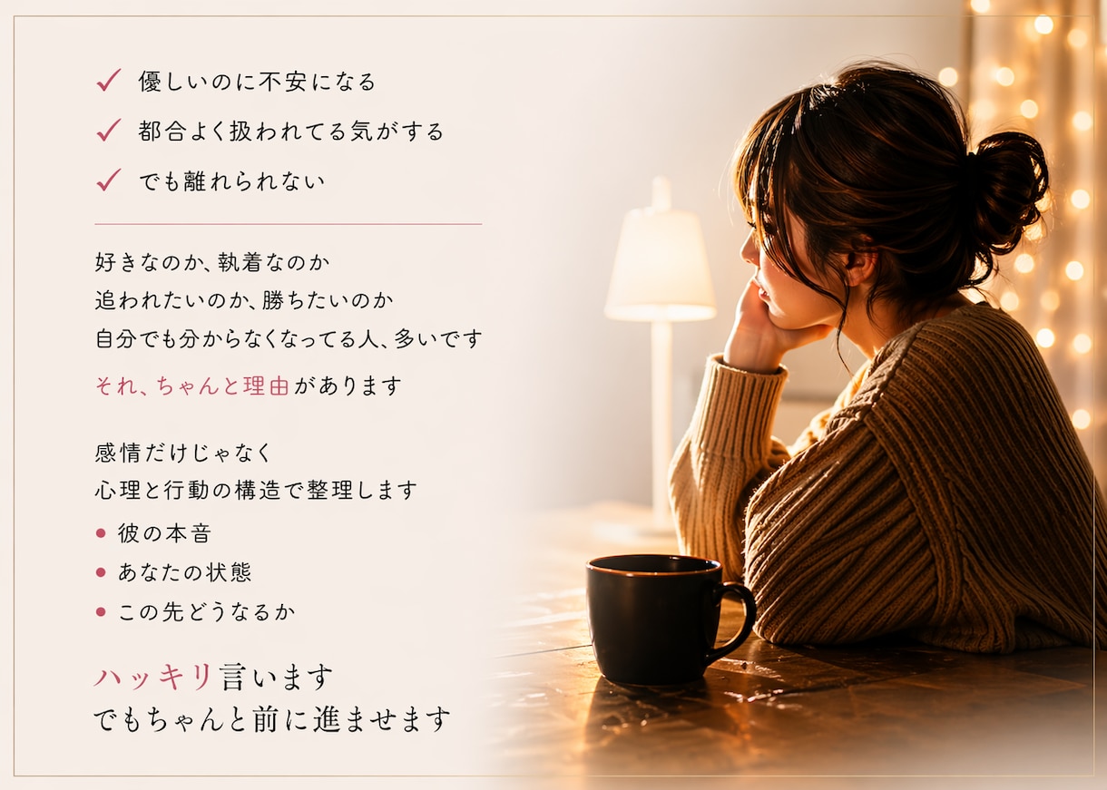 恋愛の悩みを整理し、どう動くべきかを明確にします 悩みがまとまってなくても大丈夫⭐︎お気軽にご相談ください！ イメージ2