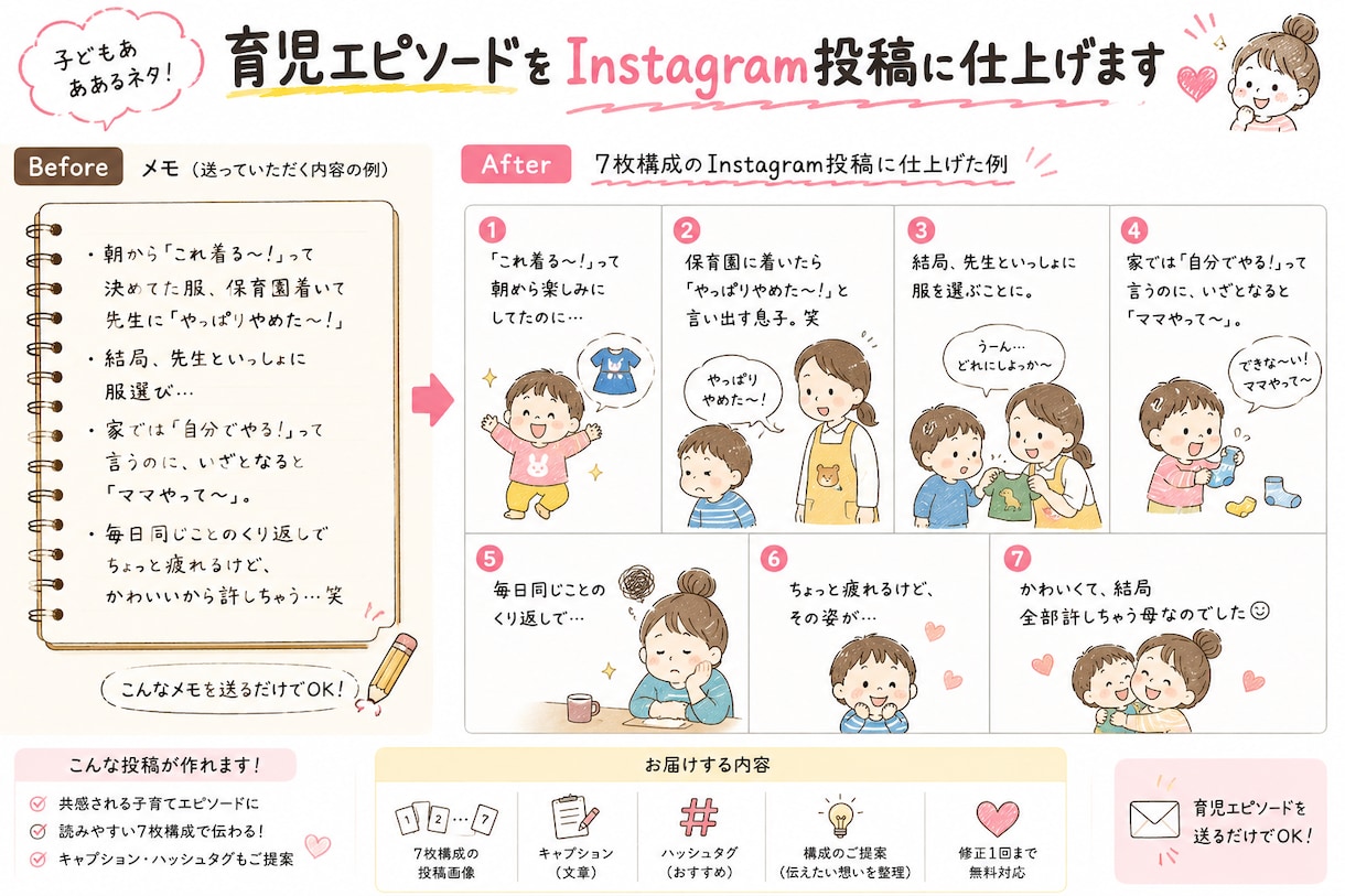 育児あるあるをSNS映える投稿に仕上げます 子どもの言葉を7枚の共感投稿に イメージ2