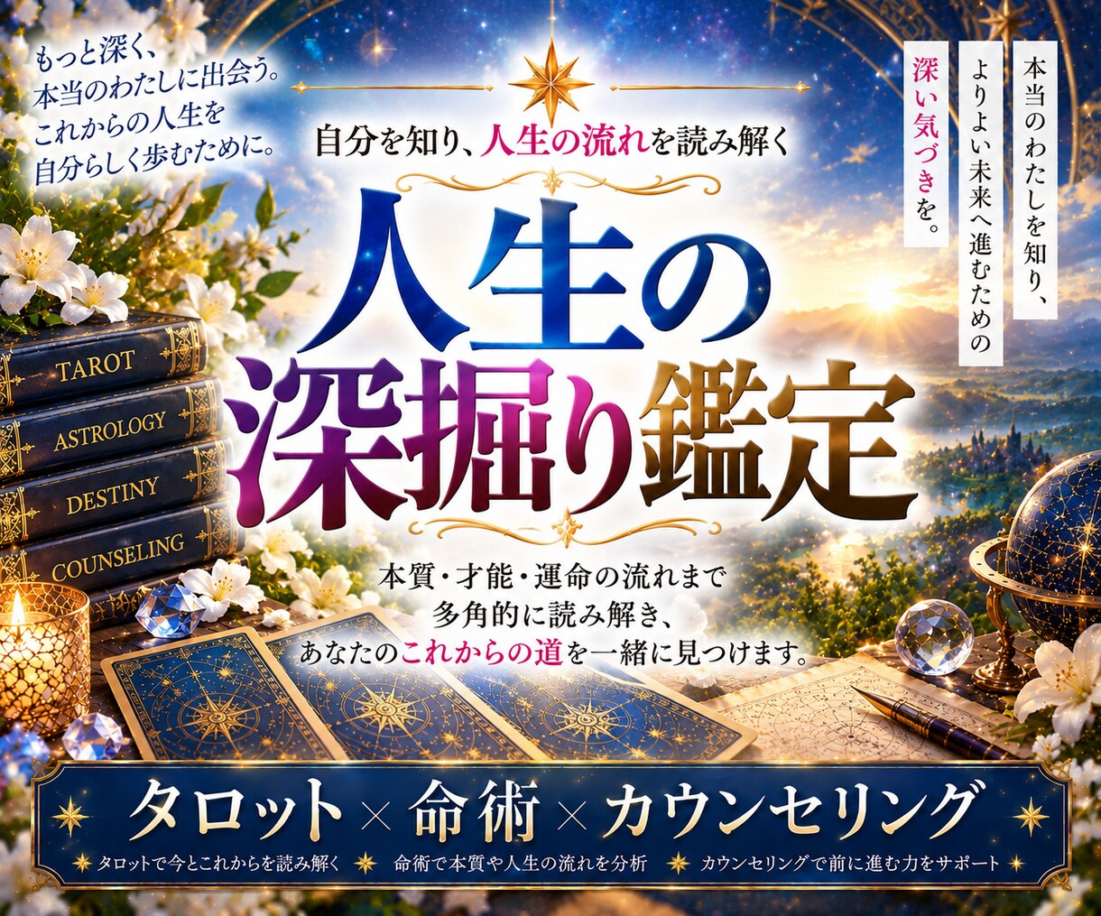 人生の深掘り鑑定　本質才能・1年間の流れをみます タロット×命術｜3つのテーマ＋1年間の流れを多角的に鑑定 イメージ1