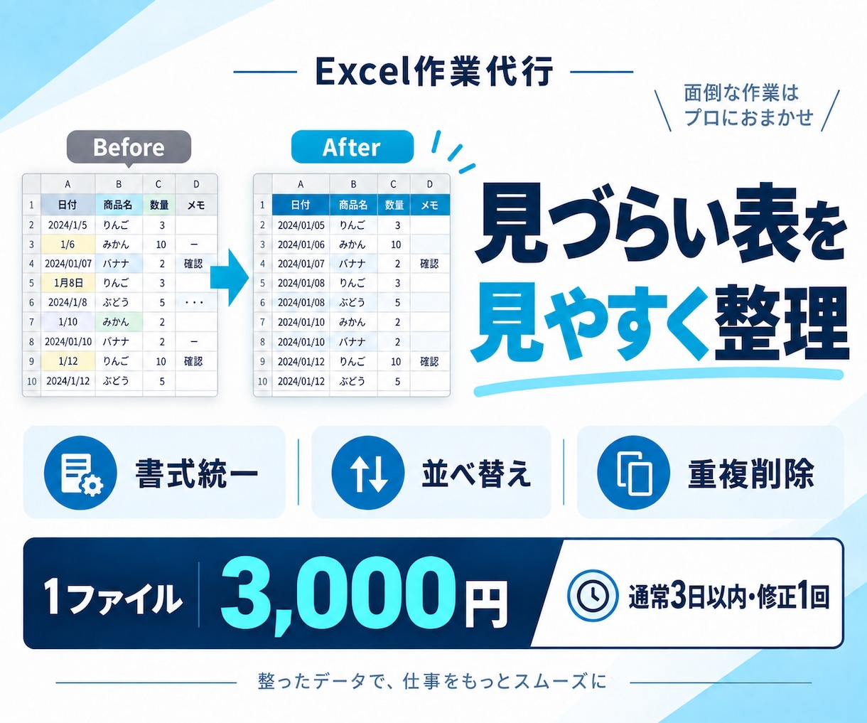 Excelの表を見やすく整理・整形します 列幅・書式・並べ替え・重複削除に対応 イメージ1