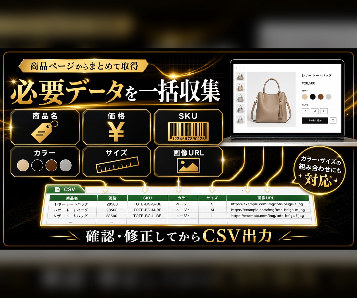 BUYMA商品登録用データをCSVへ整理します 商品名・価格・サイズ・画像URLをまとめて取得 イメージ3
