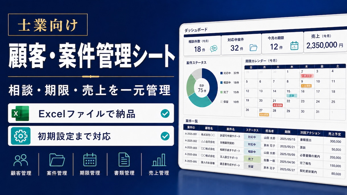 士業の顧客・案件管理をExcelで自動化します Excel納品｜案件・期限・報酬を一元管理 イメージ1