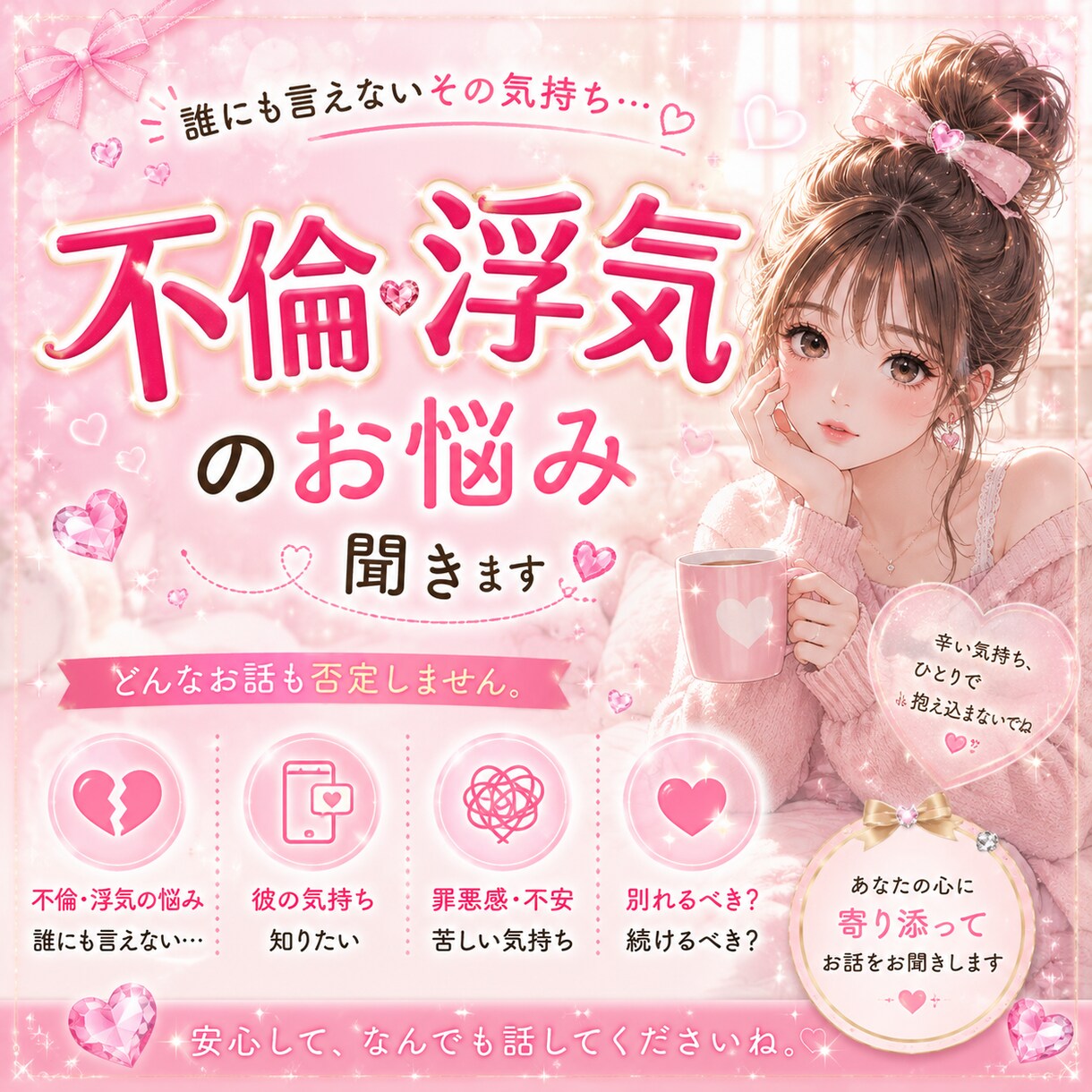 不倫・浮気のお悩み、お聞きします 不倫・浮気されたorしてしまった…否定せずお聞きします◡̈ イメージ2