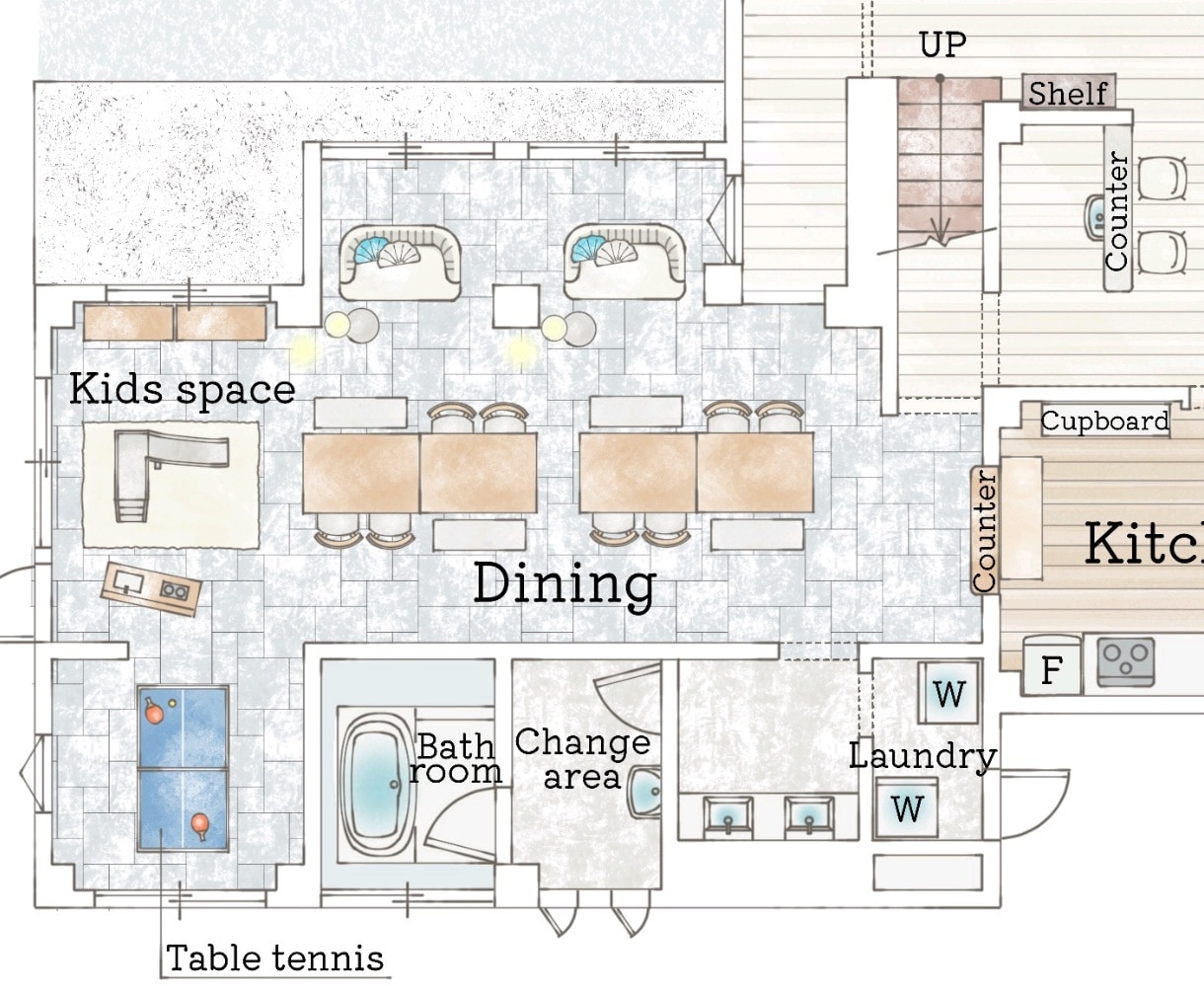 ふんわり美しい手描き風間取り図を作成します 戸建マンション店舗民泊などに。オリジナル家具や床材対応します イメージ4