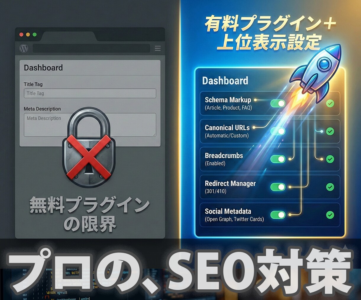 WordPress自体のSEO対策をします 有料のSEOプラグインを導入し、記事の価値を高めます。 イメージ1