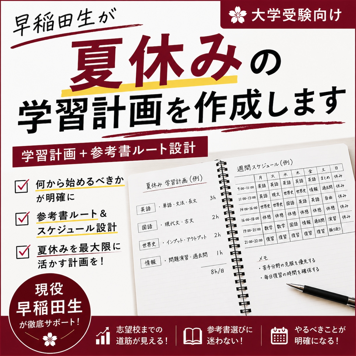 早稲田生があなた専用の学習計画を立てます 夏休みは受験の天王山！正しい戦略で合格へサポート！！ イメージ1