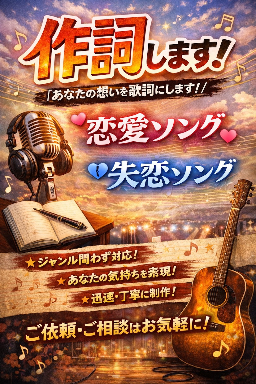 恋愛ソング&失恋ソング作詞します あなたの恋愛経験を歌詞にします！ イメージ1