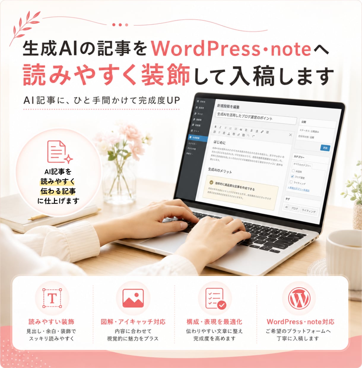 AI生成した記事をWPやnoteに入稿・装飾します AIっぽさを感じさせない読みやすい記事に仕上げます! イメージ1