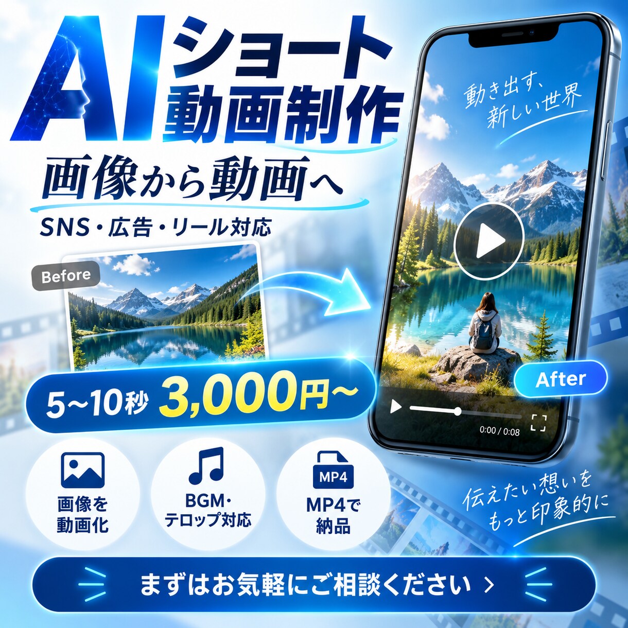 画像からAIショート動画を制作します 写真や画像を、SNSで使えるAIショート動画に仕上げます イメージ1