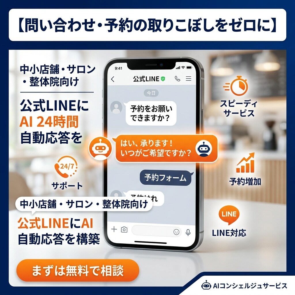 公式LINEにAIの24時間自動応答を構築します 問い合わせ・予約の取りこぼしを、AIが24時間で受け止めます イメージ1