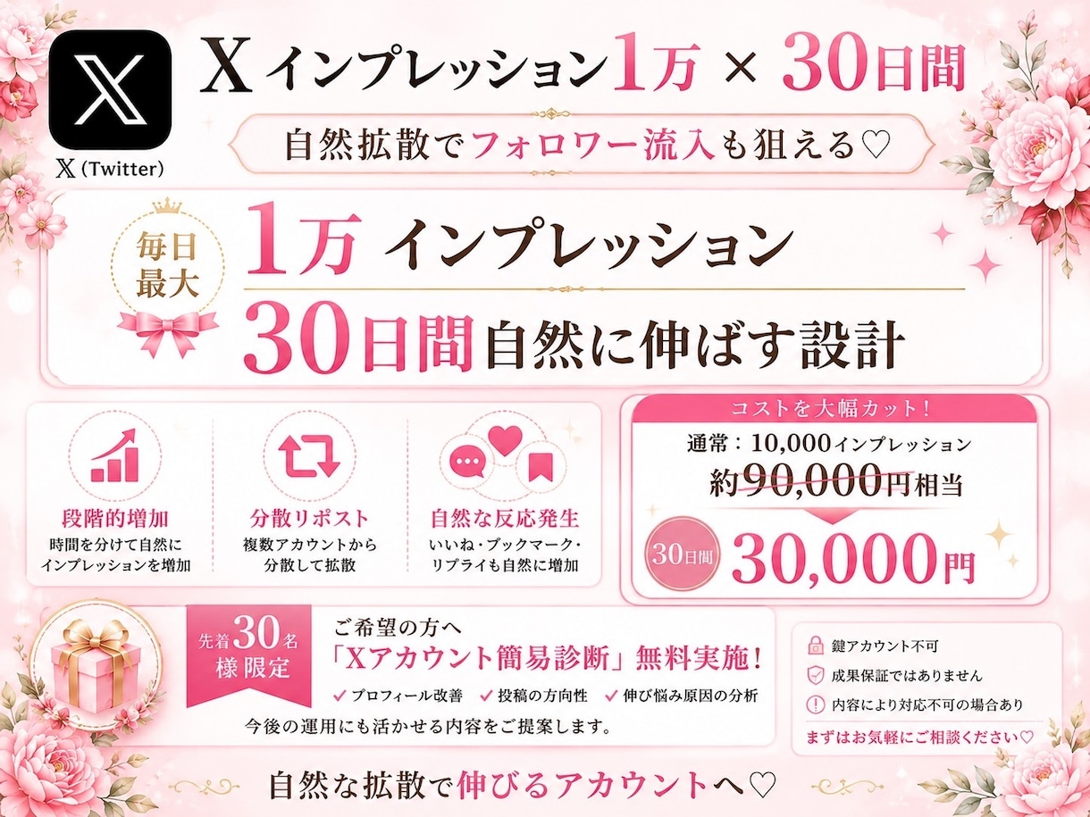 Xインプレッション1万×自然な拡散30日間します ポスト分割対応♡フォロワー流入も狙える拡散設計⭐︎ イメージ1