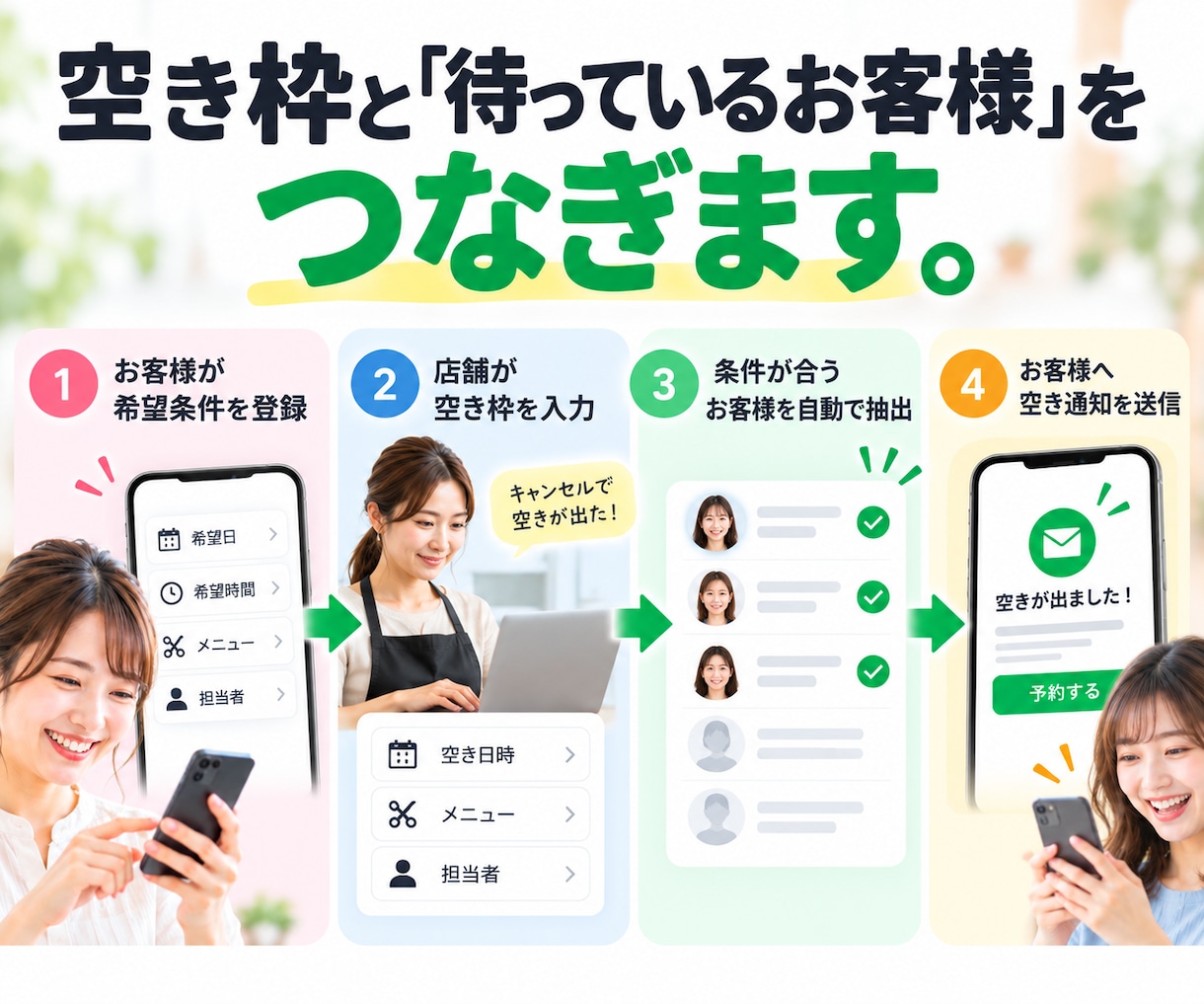 キャンセル待ちのお客様へ空き枠を自動通知します 今の予約受付方法はそのまま。キャンセル待ちのお客様へお知らせ イメージ2