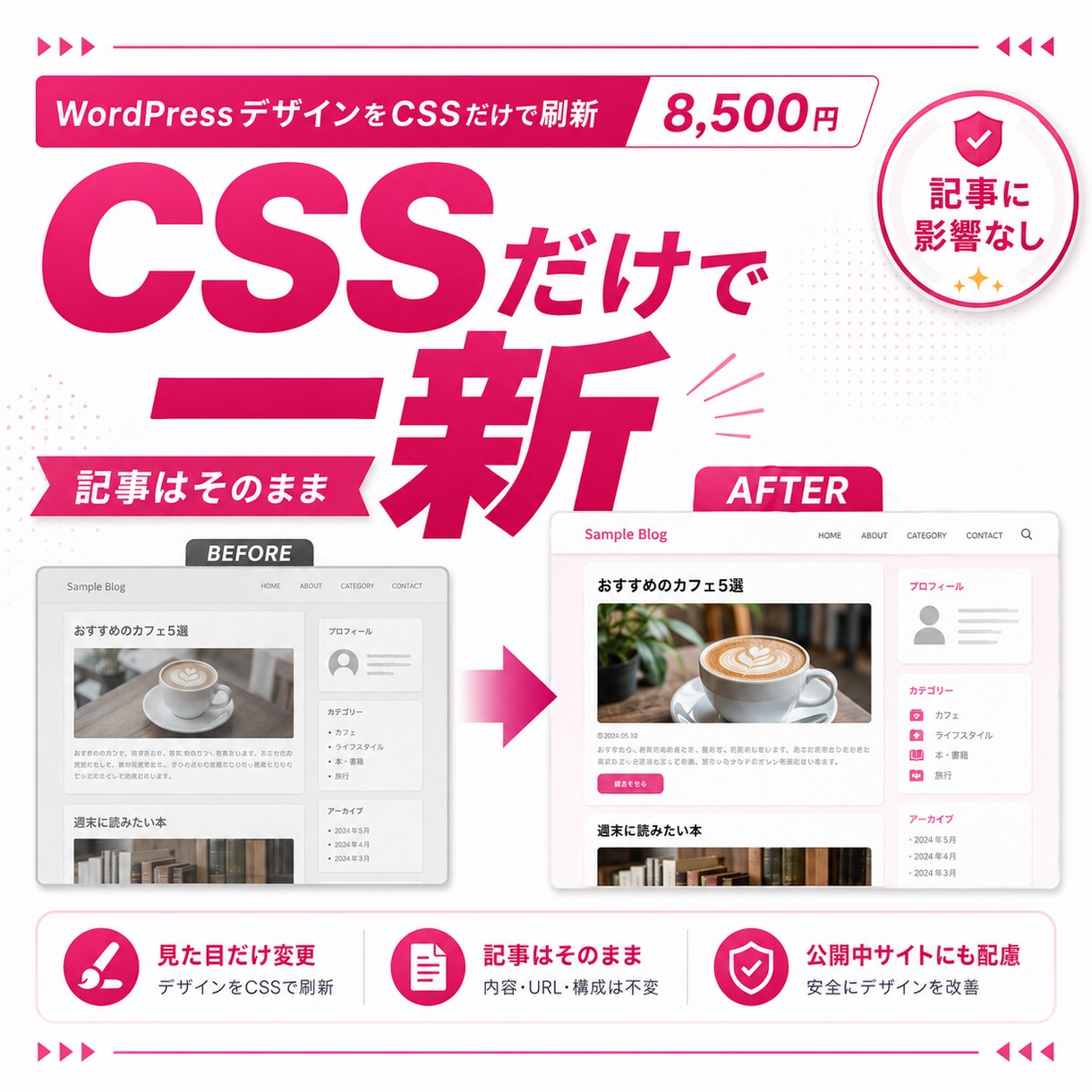 WordPressデザインをCSSだけで刷新します 記事や設定そのまま、CSSだけで見た目を一新します イメージ1