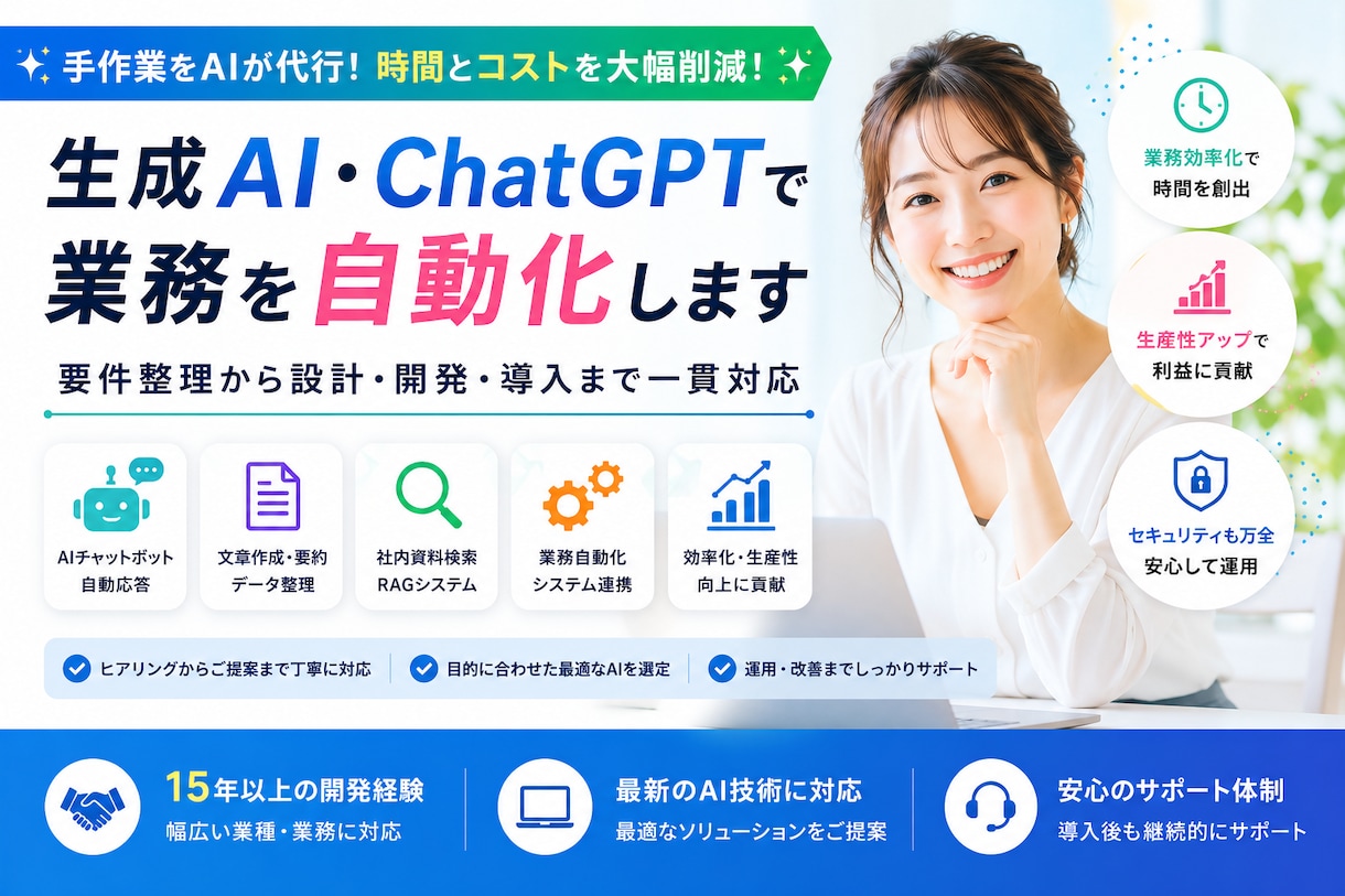 生成AI・ChatGPTで業務を自動化しますます 要件整理から設計・開発・導入まで一貫対応します イメージ1