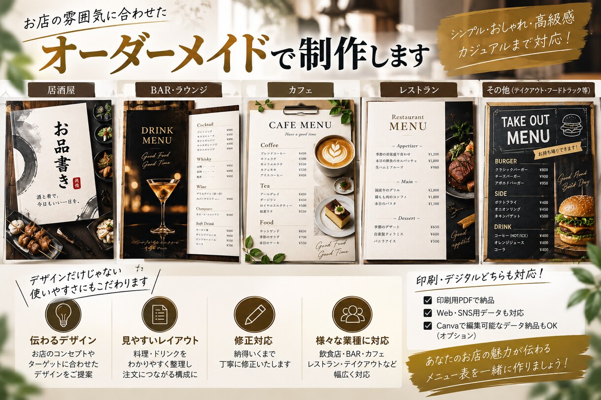 注文したくなる飲食店メニュー表を作成します 飲食店経験を活かし、魅力が伝わるデザインをオーダーメイド制作 イメージ3