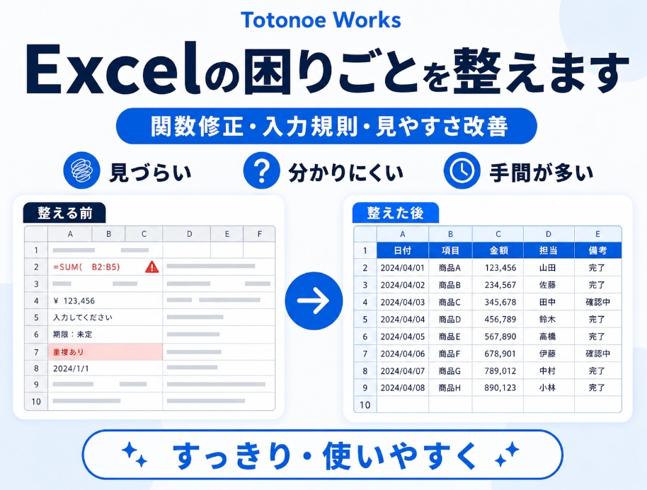 複雑なExcelを見やすく使いやすく整えます 関数修正・入力規則・レイアウトを現場目線で改善 イメージ1