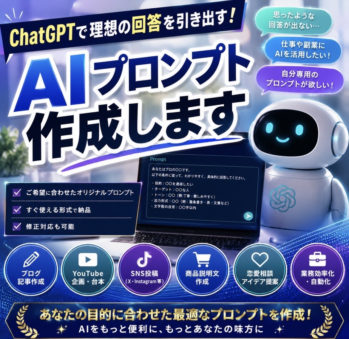 あなた専用のAIプロンプト作成します ChatGPTで理想の回答を引き出すプロンプトを作成します！ イメージ1