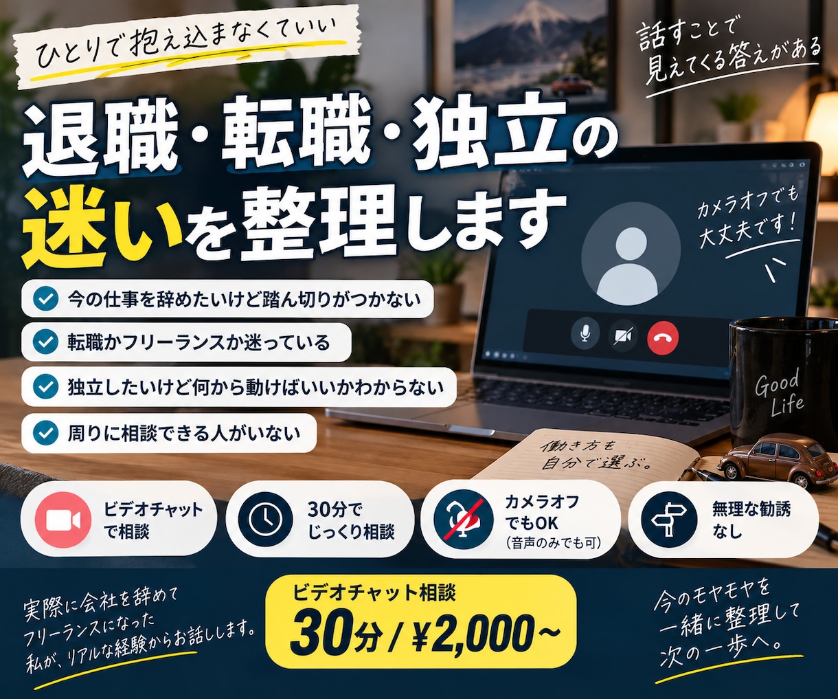 退職・転職・独立の相談に通話でじっくり乗ります 顔出し不要、声だけでじっくり話せます イメージ1