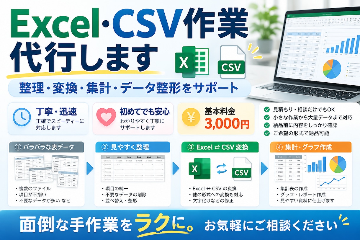 Excel・CSVのデータ整理、代行します 迅速かつ丁寧に作業をさせていただきます！お急ぎの方はぜひ！ イメージ1