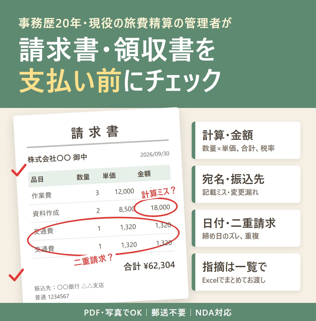 請求書・事務書類を丁寧に確認します 忙しい方の確認負担を軽減します イメージ1