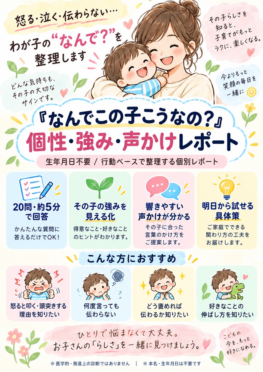 なんでこの子こうなの？」を行動20問から整理します 生年月日不要！行動から個性と声かけを見える化 イメージ2