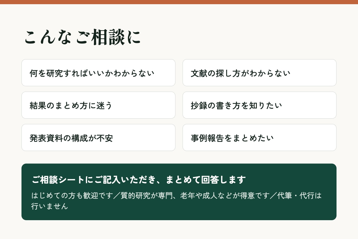 看護師介護士の研究・事例報告のまとめ方教えます 博士号を持つ看護教員が指導。必要な段階だけ相談可！ イメージ2