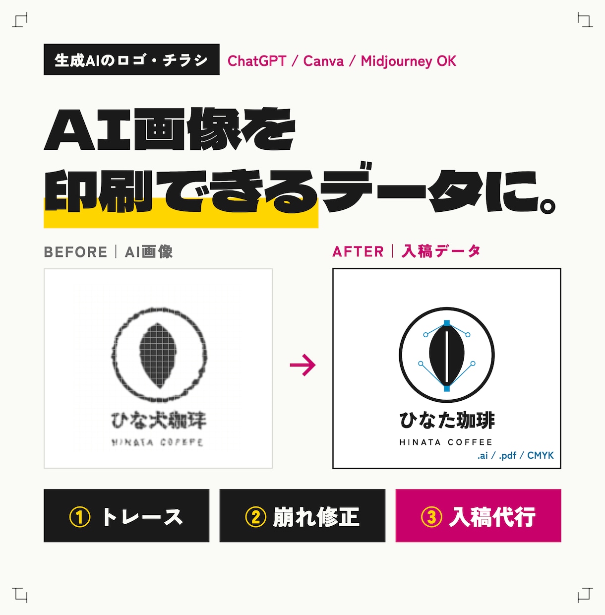 AIで作ったロゴ・チラシを入稿まで対応します トレース→修正→入稿まで｜ChatGPT・Canva画像OK イメージ1