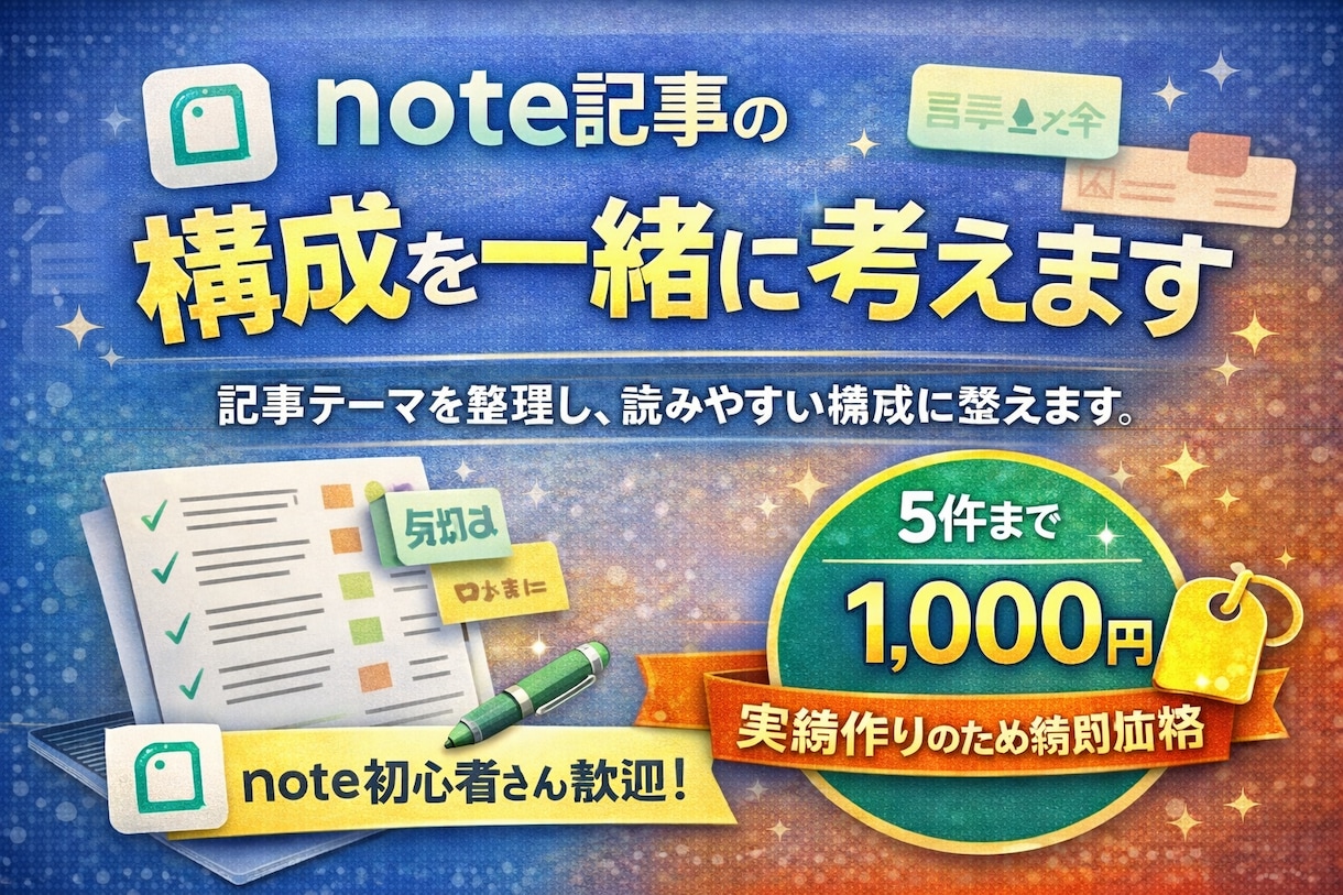 note記事の構成を一緒に考えます 書きたいことを整理して、読みやすい構成に整えます。 イメージ1
