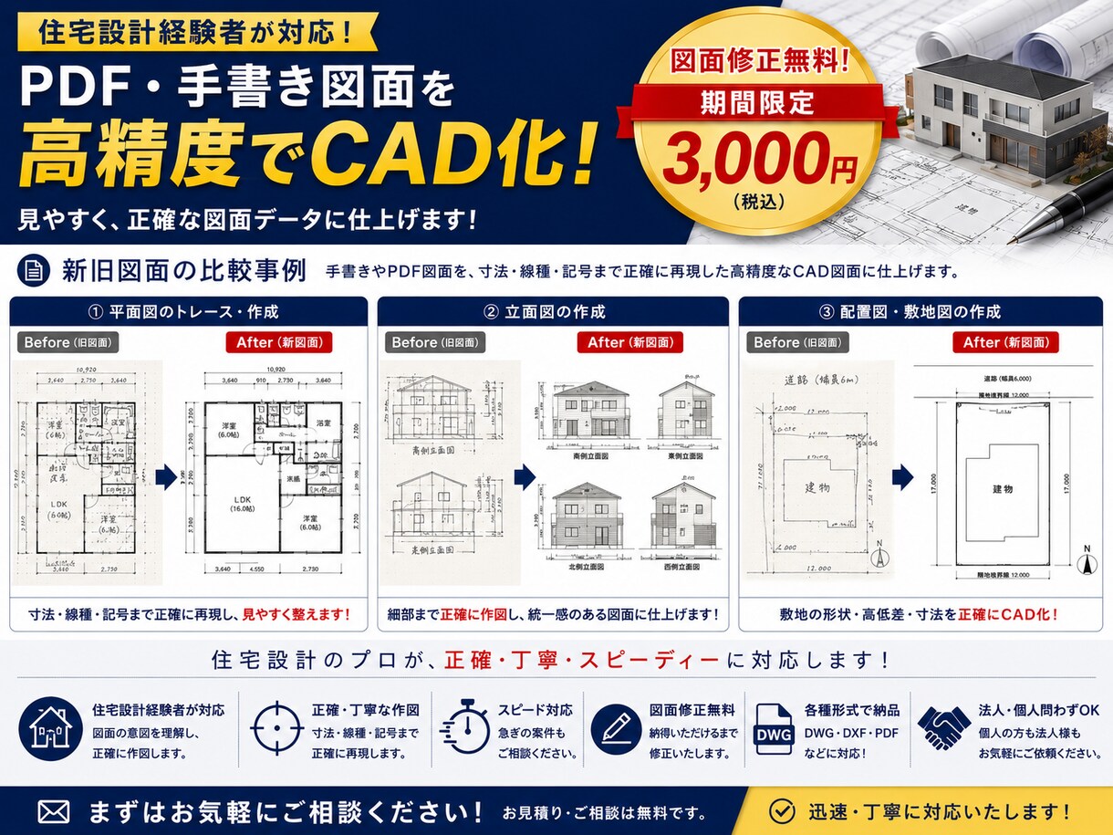 AutoCADで建築図面を迅速に作成いたします 住宅設計経験者が対応｜修正無制限｜手書き図面もCAD化 イメージ4