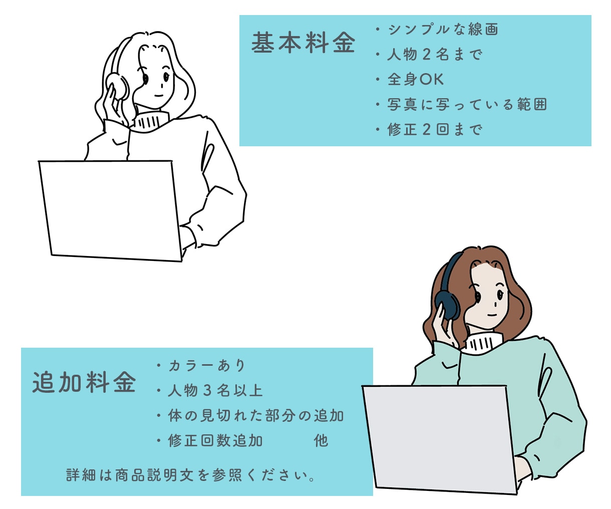 細かい書き込みなし！シンプル線画で似顔絵描きます 背景単色☆人物２名まで追加料金不要！追加でフルカラー対応！ イメージ2