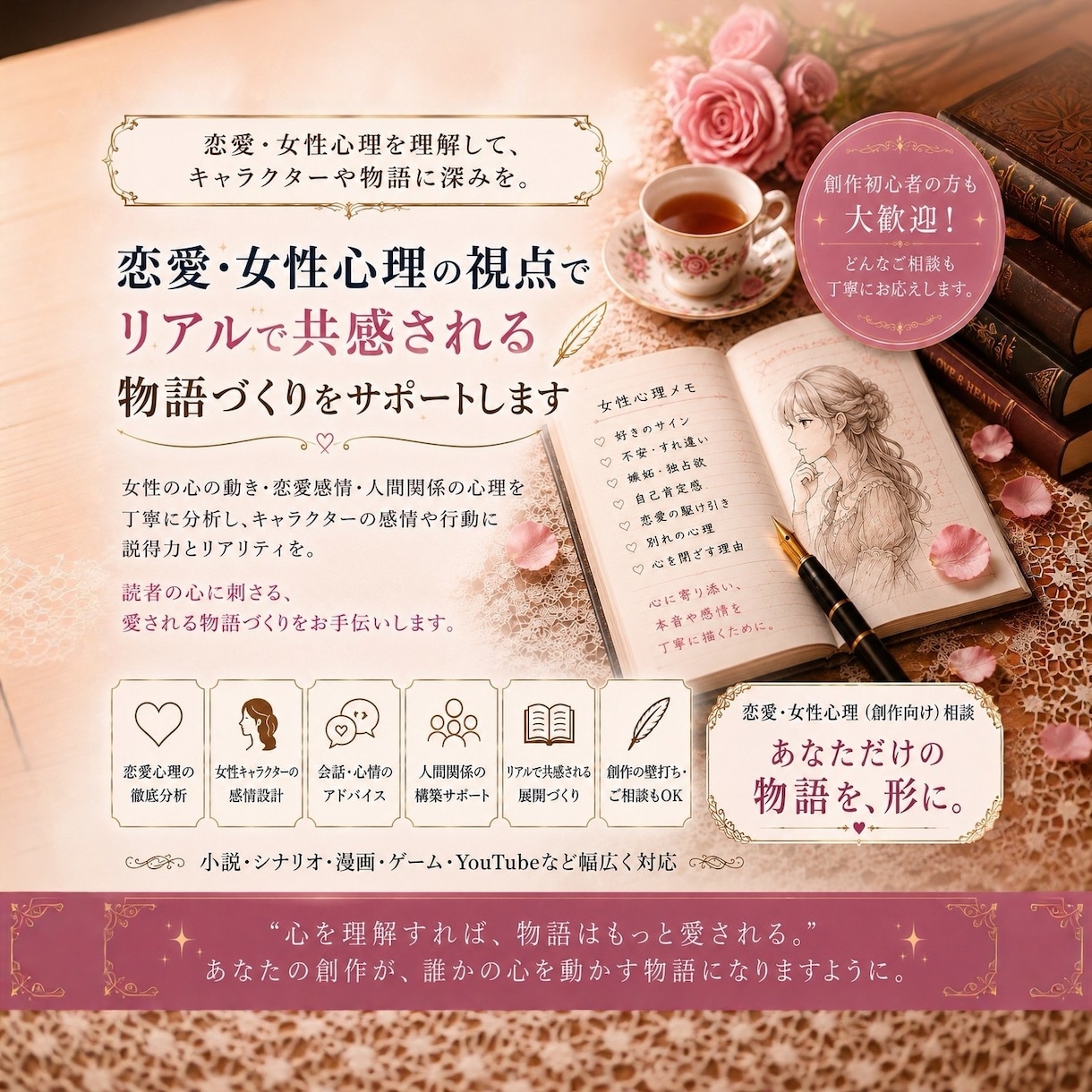 恋愛・女性心理を創作向けに分析し物語を磨きます 恋愛描写・女性心理・会話を、リアルで共感される物語へ イメージ1