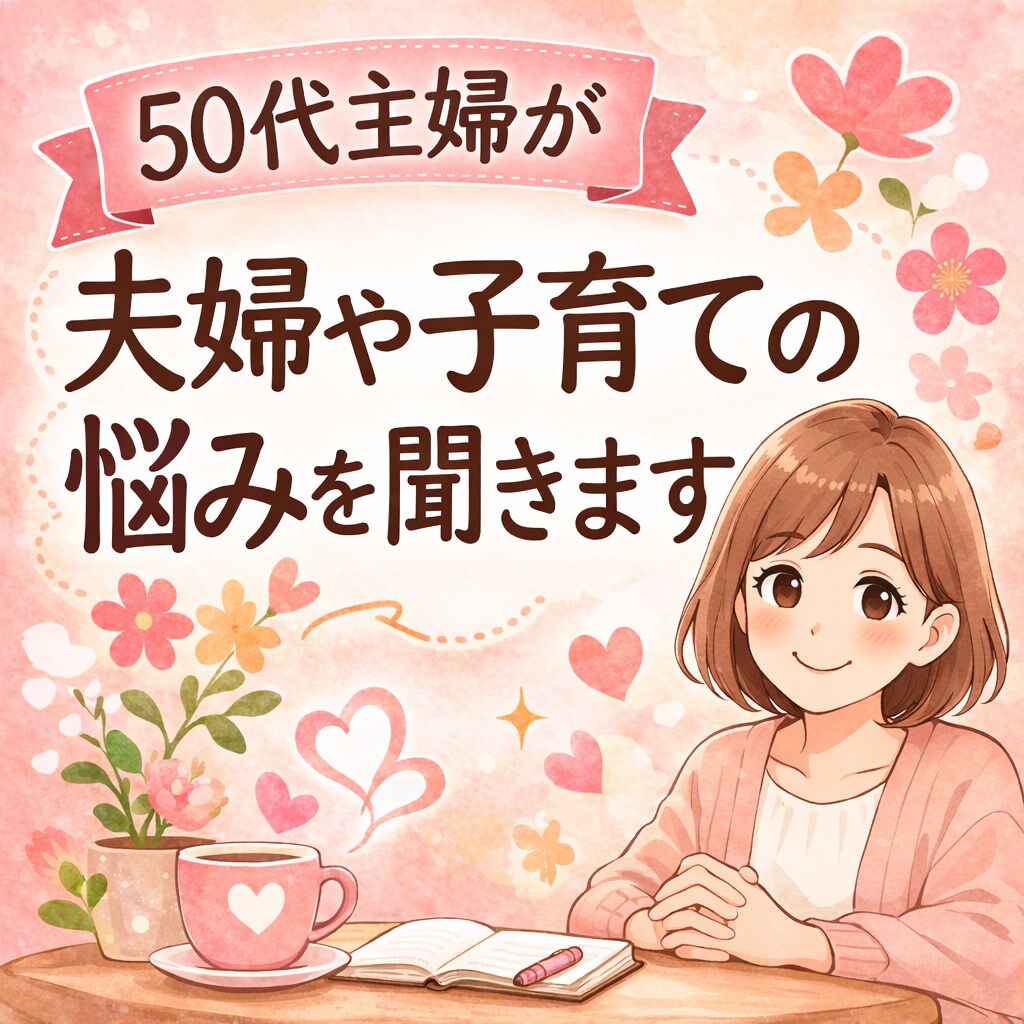 50代主婦が夫婦や子育ての悩みを聞きます 「同じ主婦の立場で、否定せずに気持ちを受け止めます」 イメージ1