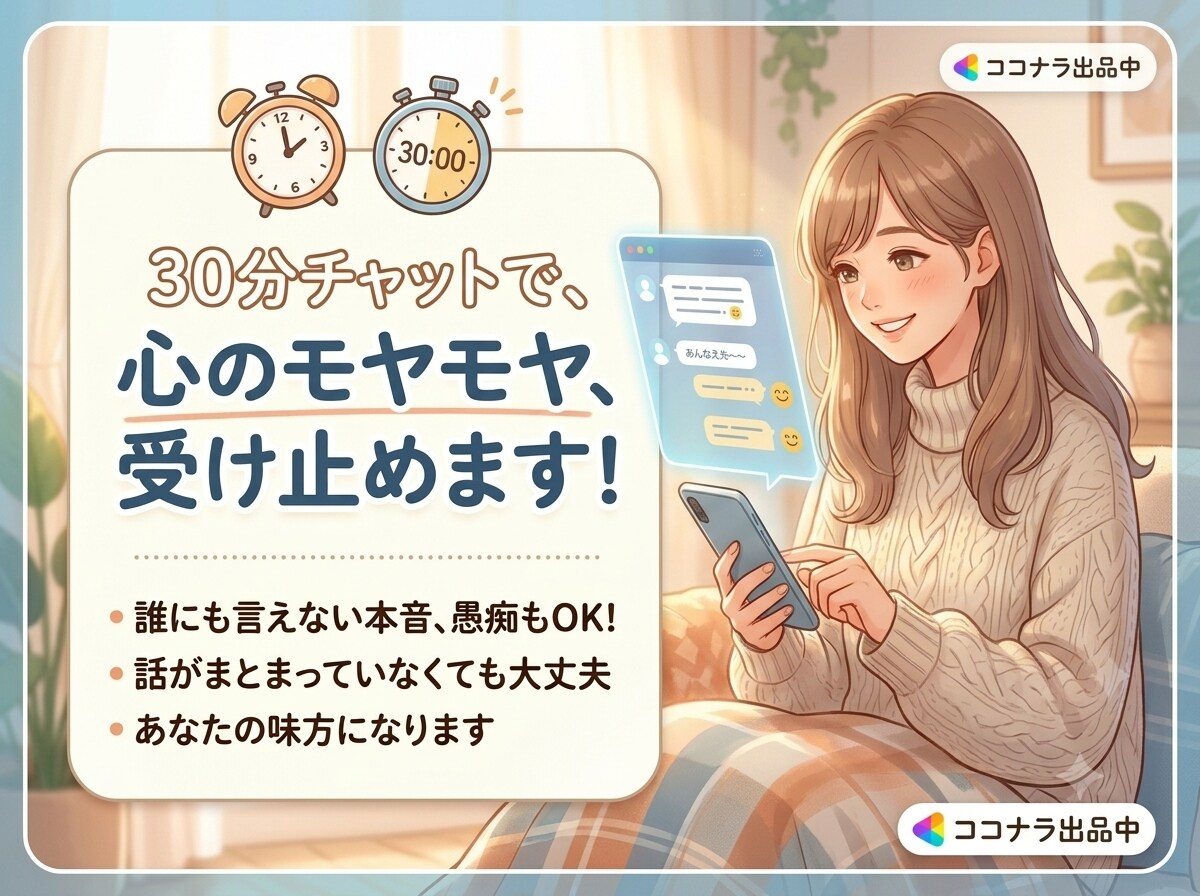 30分のチャットで溜まったモヤモヤ受け止めます 電話が苦手な方へ。まとまらない愚痴もテキストでスッキリ！ イメージ1