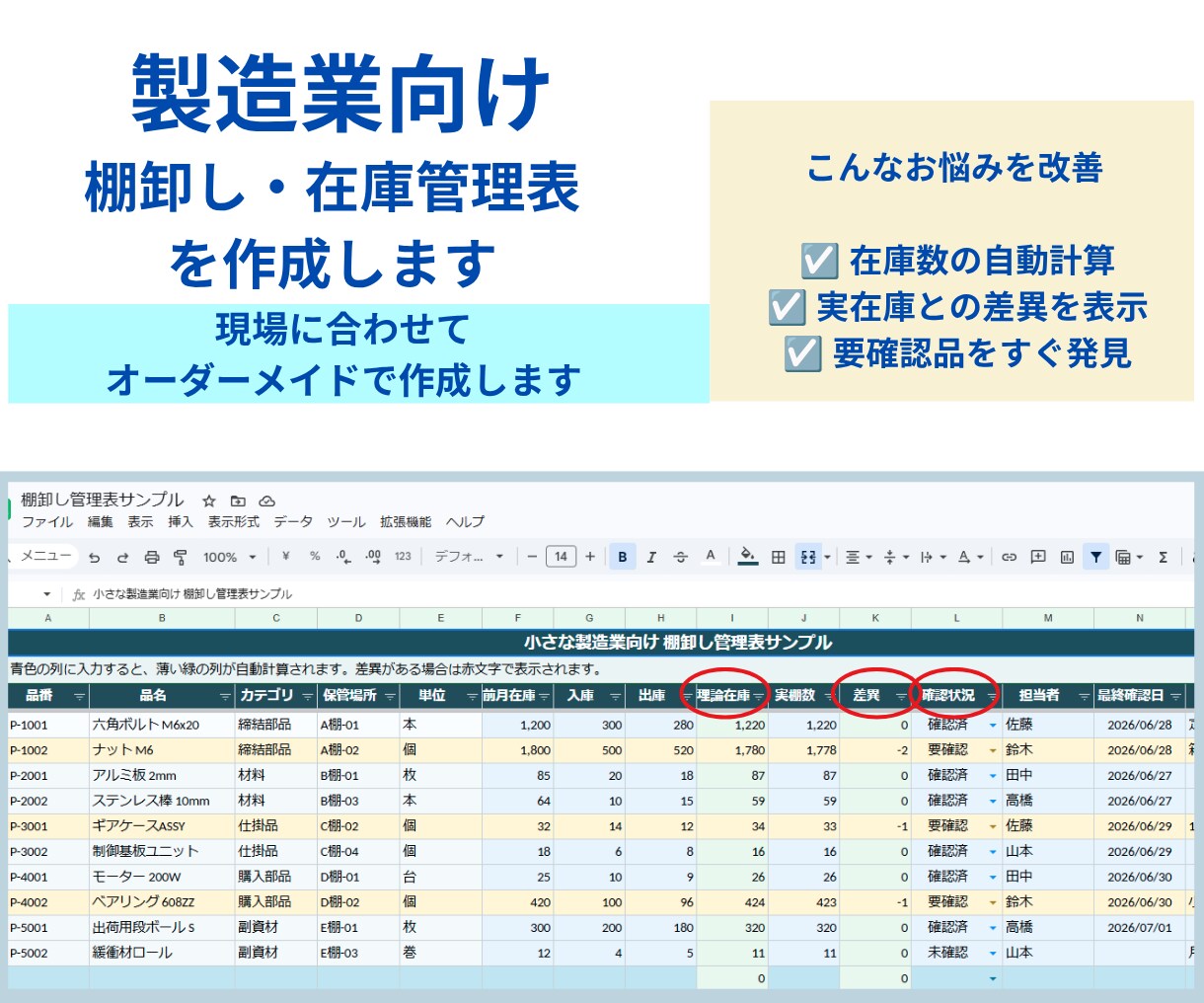 製造現場向けの棚卸し・在庫管理表を作成します 現場に合わせた使いやすいExcel管理表を作成します イメージ1