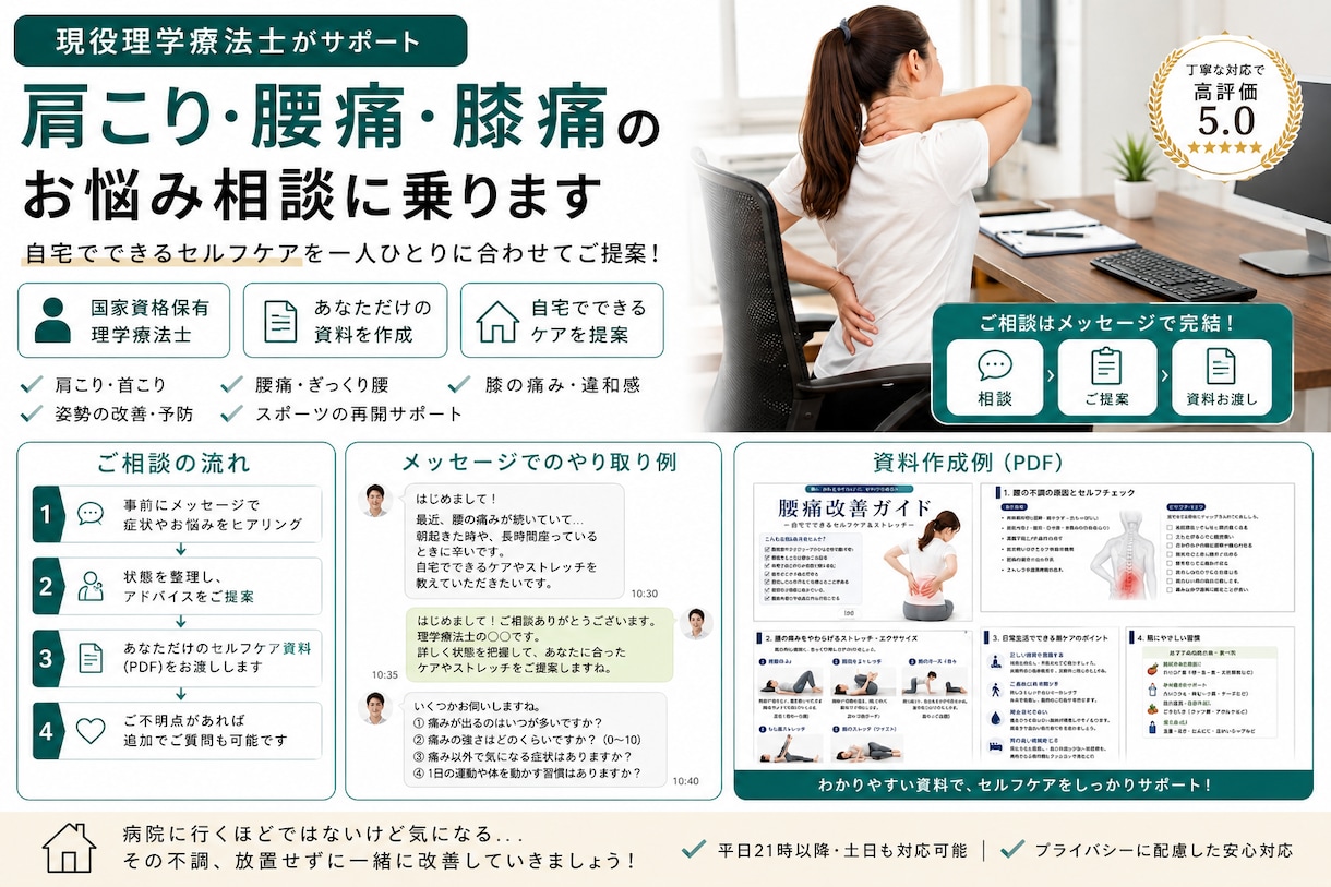 現役理学療法士が肩こり・腰痛のお悩み相談に乗ります 痛み・姿勢矯正など、日々のお困りをサポート。 イメージ1