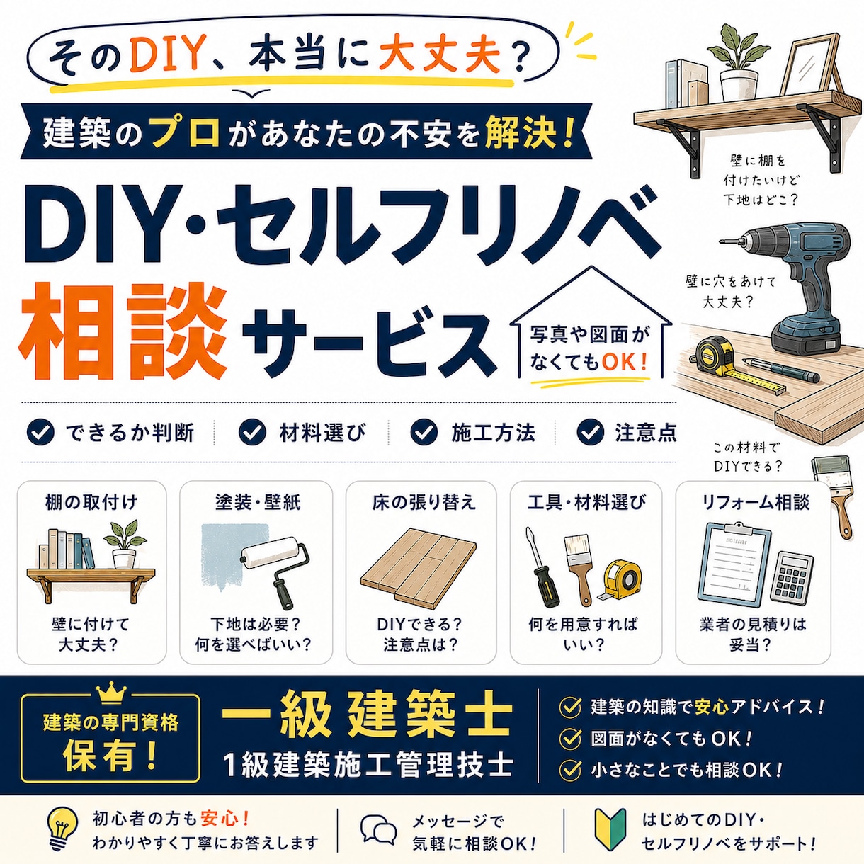 一級建築士がリフォーム・DIYの相談乗ります 実務経験豊富な1級建築士、1級建築施工管理技士が助言します イメージ1