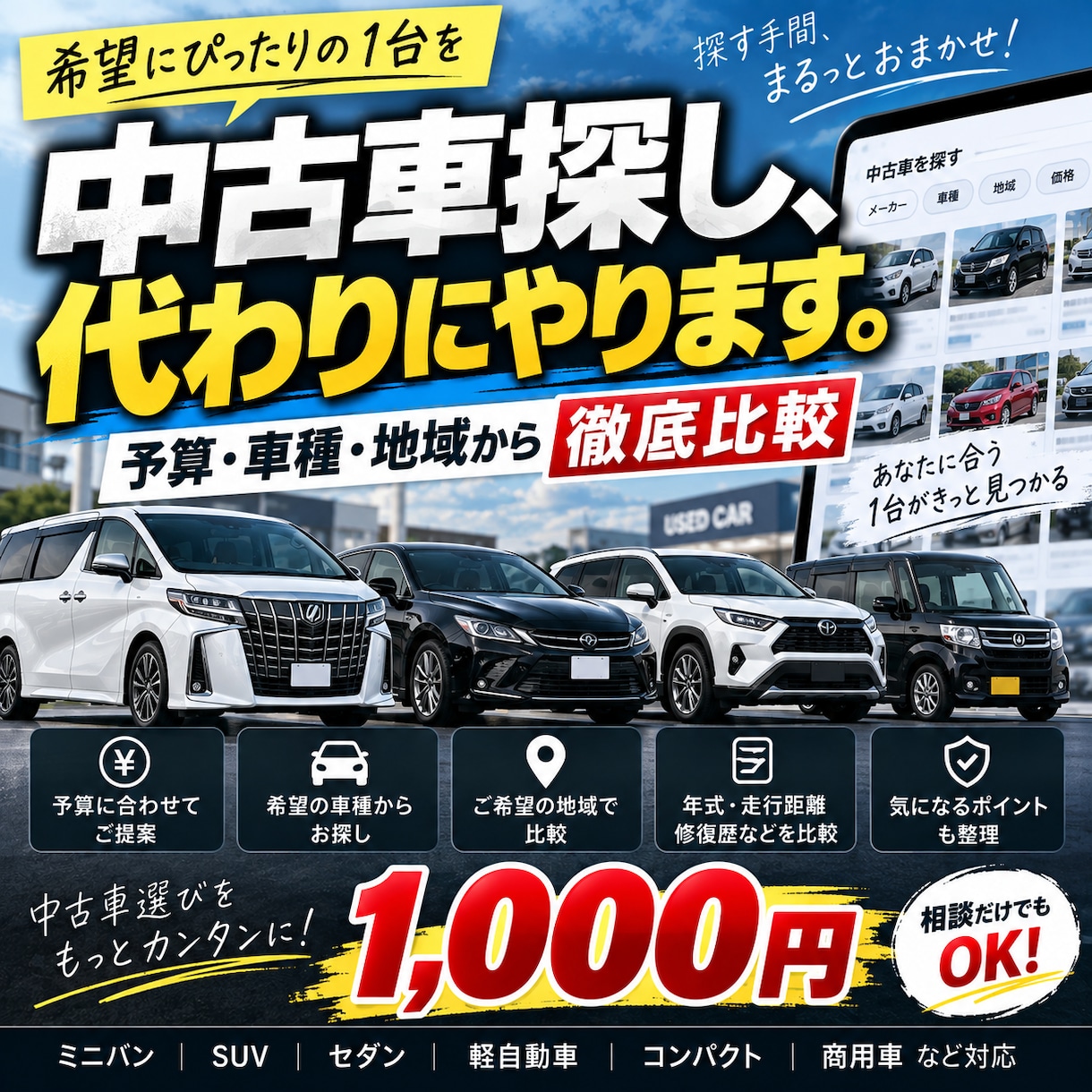 希望条件に合う中古車を探します 予算・車種・地域から候補車を比較してご提案 イメージ1