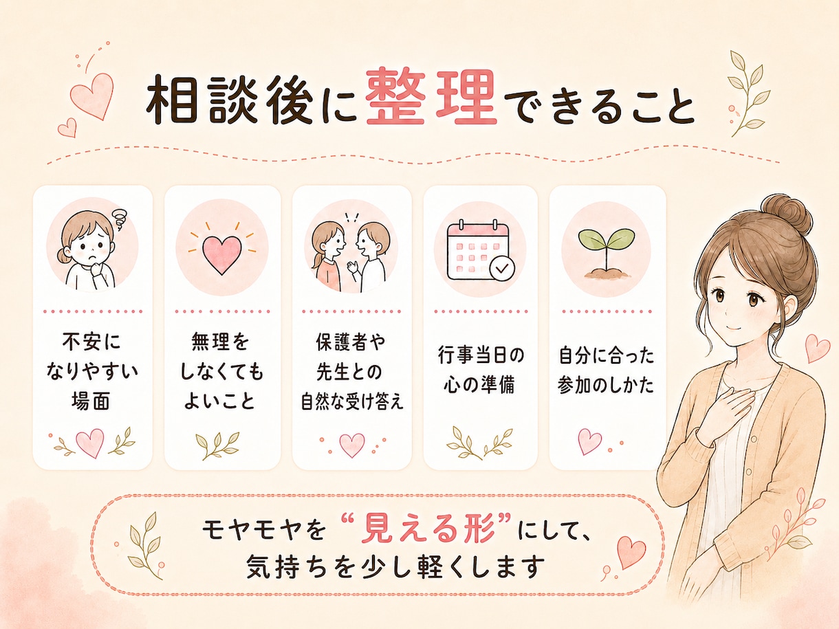 園や学校行事に行く前の不安を一緒に整理します 子どもの姿は見たい。でも保護者同士の空気がしんどい方へ イメージ2