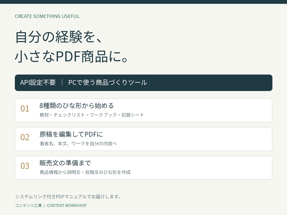専用ツールでPDF商品づくりを支援しますます API不要｜教材・販売文・PDF作成をまとめて イメージ2