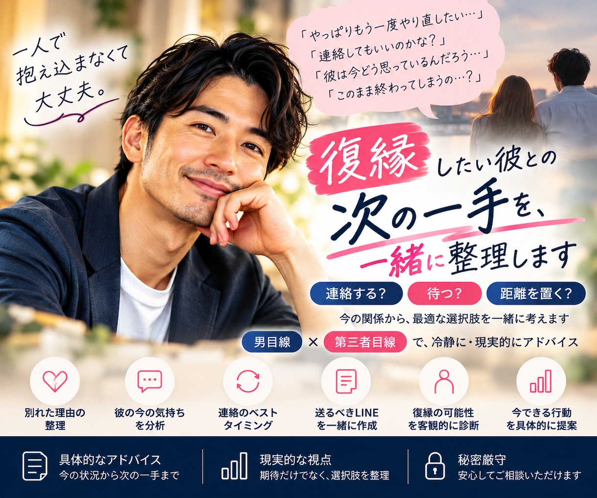 復縁したい彼への次の一手を男目線で整理します 連絡する？待つ？距離を置く？今の関係から一緒に考えます イメージ1
