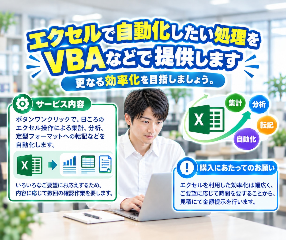 エクセルで自動化したい処理をVBAなどで提供します 更なる効率化を目指しましょう。 イメージ1