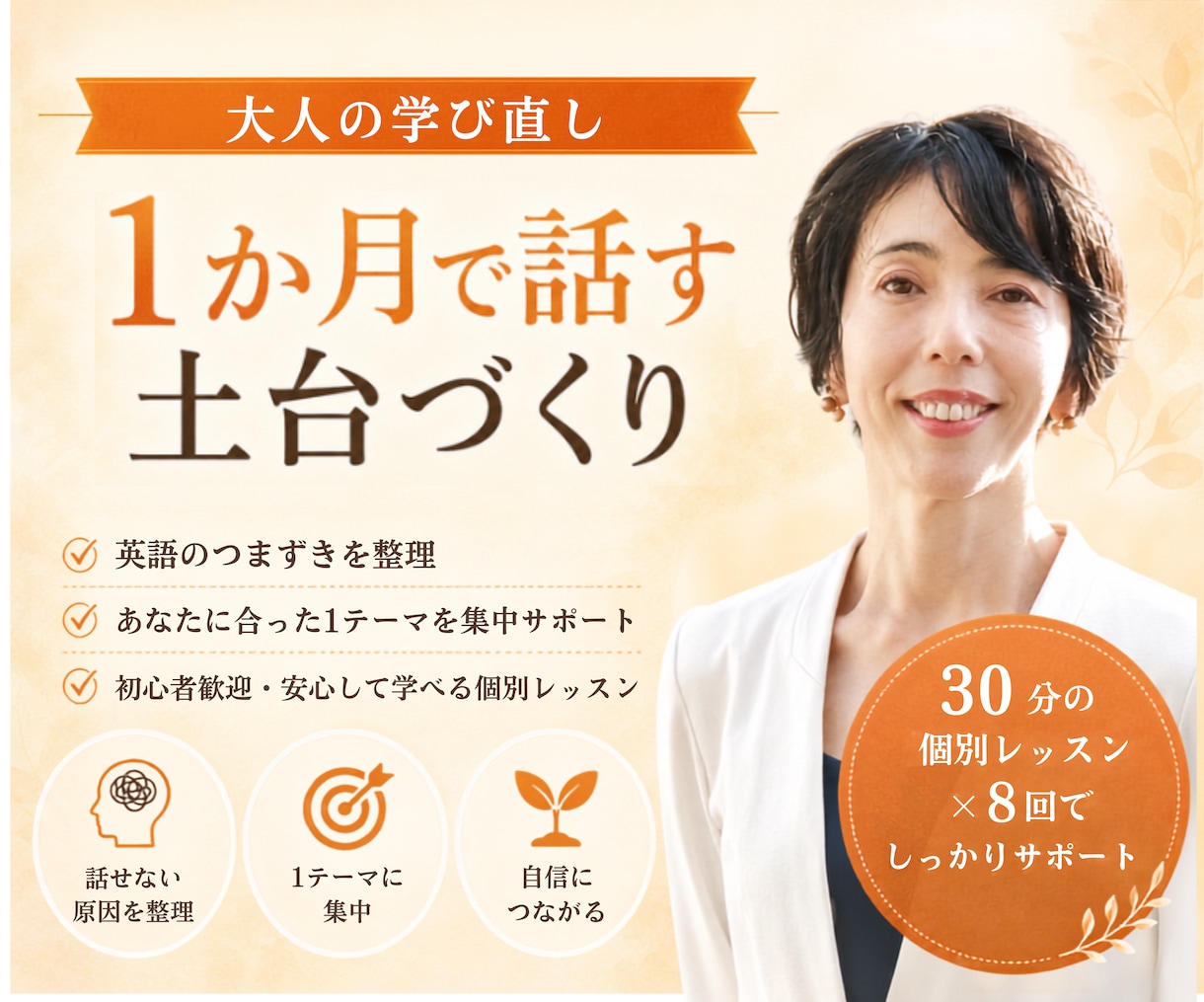 英会話のつまずき1つを1か月かけて丁寧い整えます 【3名限定価格】30分×週2回｜1カ月・全8回の個別レッスン イメージ1