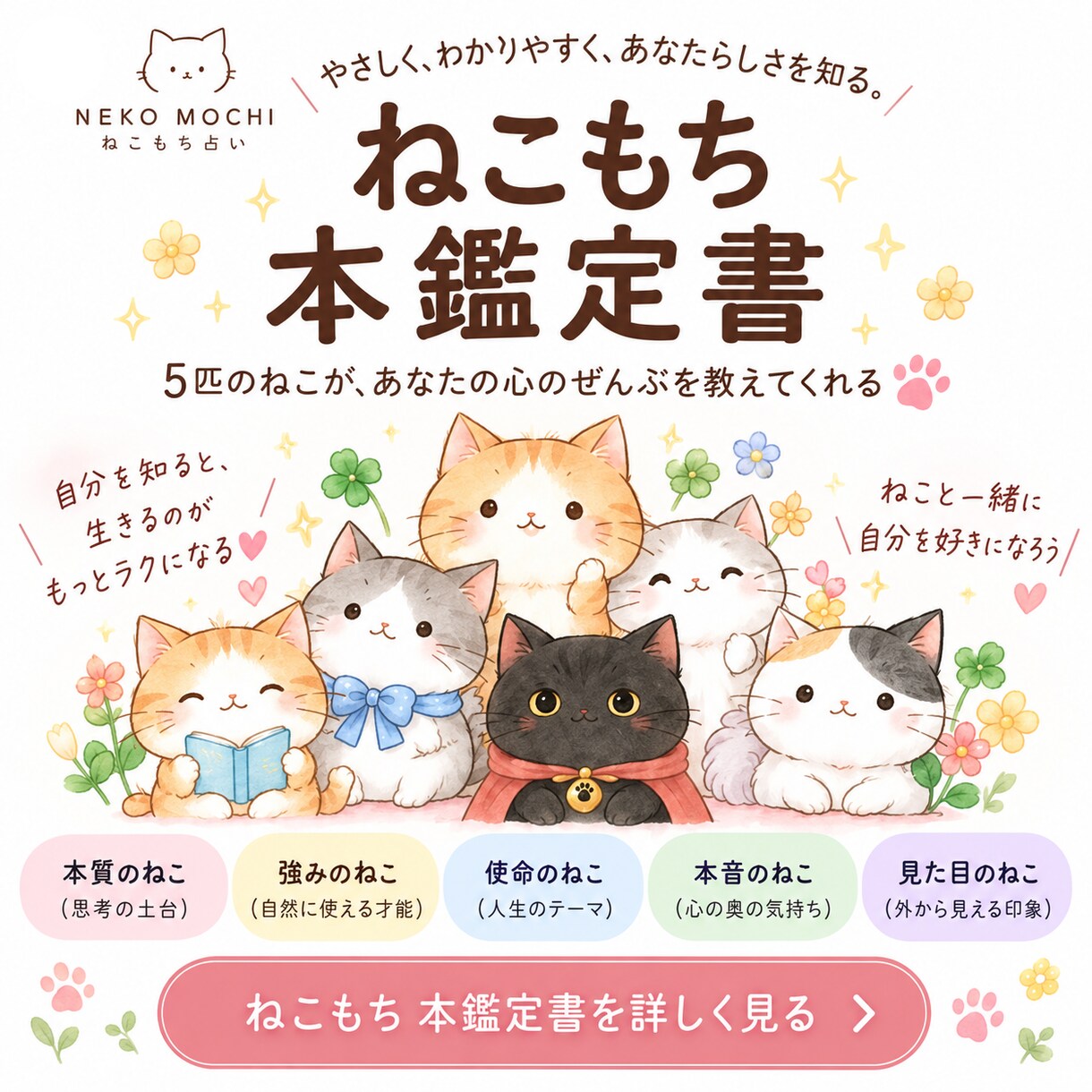 ねこもち占い｜あなたの中の5匹のねこを読み解きます なんで？がそうだったんだ！に変わる自分を知る鑑定書 イメージ1