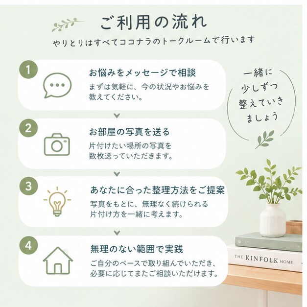 あなたに合う整理収納を一緒に考えます 片付けが苦手でも大丈夫。一緒に無理なく整えます。 イメージ3