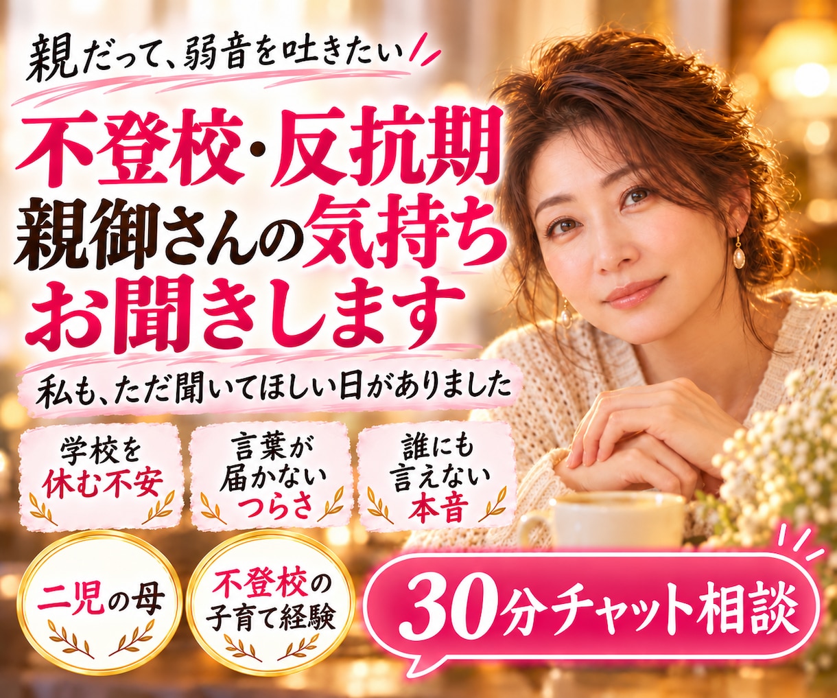 不登校や反抗期に悩む親御さんの声をお聞きします 子どもは大切。でも、親だって弱音を吐きたい日がありますよね イメージ1